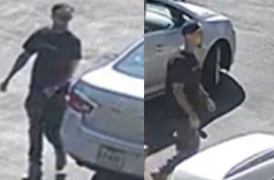 Two photos of suspect in a parking lot circling a silver sedan. Suspect has a goatee and is wearing a dark ball cap and dark colored t-shirt and jeans. 